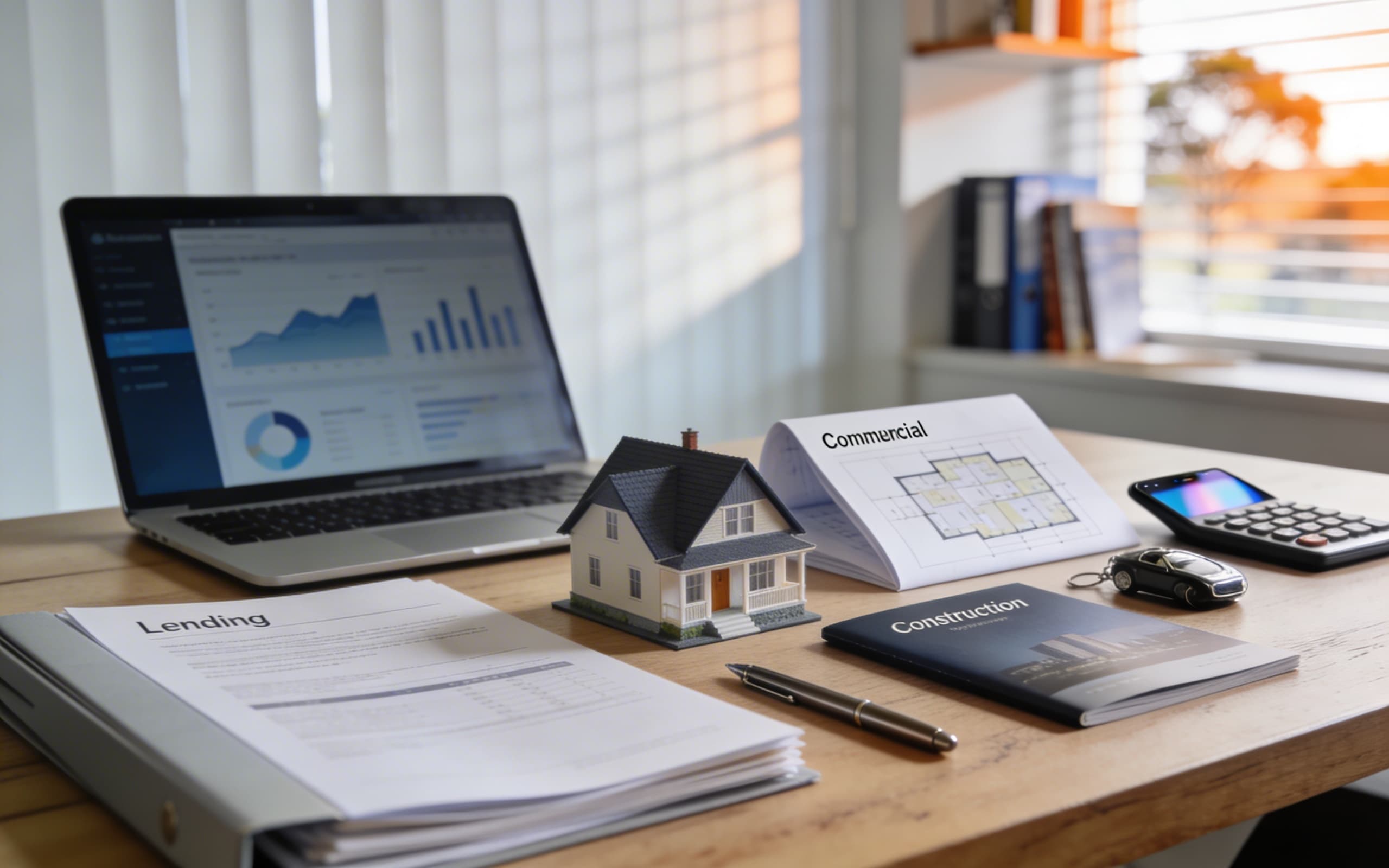 Desk with lending documents, laptop and model home representing residential and commercial lending and portfolio structuring.
