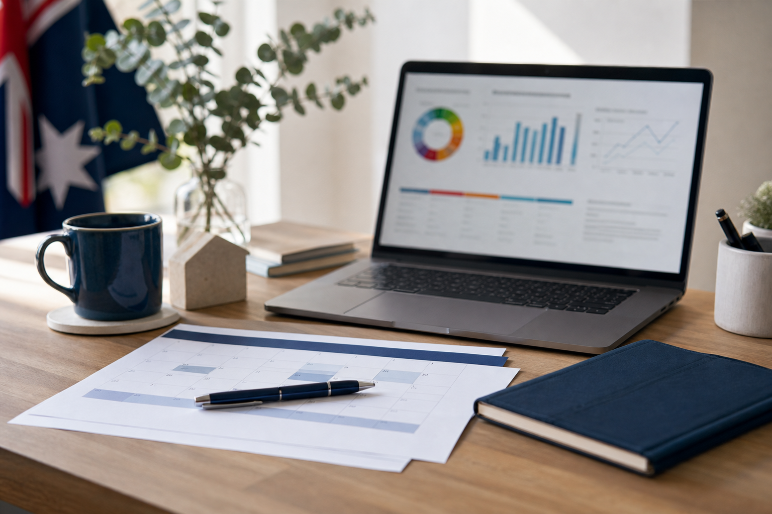 Home office desk with laptop showing blurred economic charts, calendar, and coffee — Australian CPI and mortgage planning context, no readable text on screen or documents