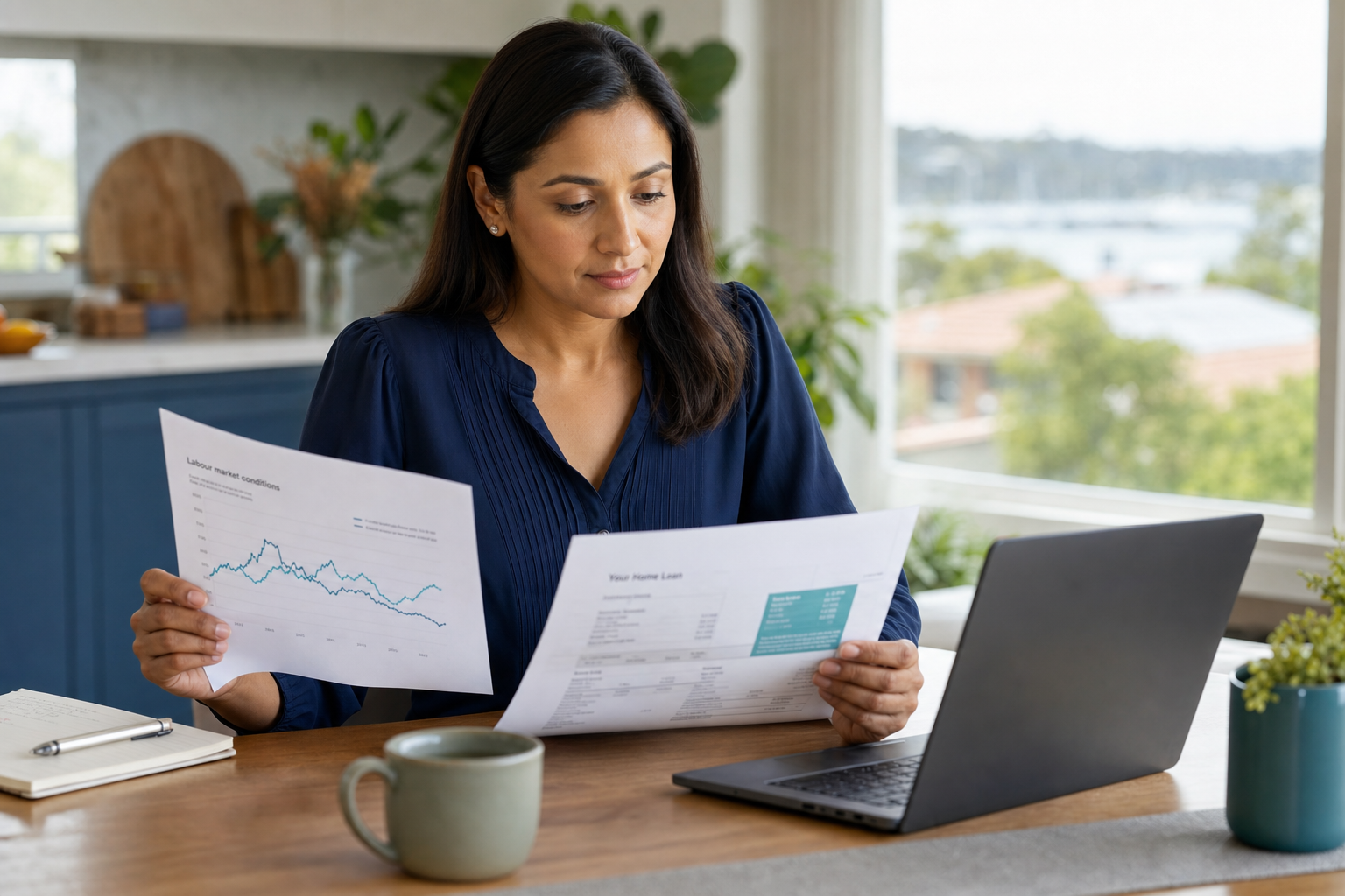 Australian homeowner at a kitchen table reviewing labour market printout and home loan paperwork beside a laptop — calm preparation before jobs data and an RBA decision, no readable text on documents