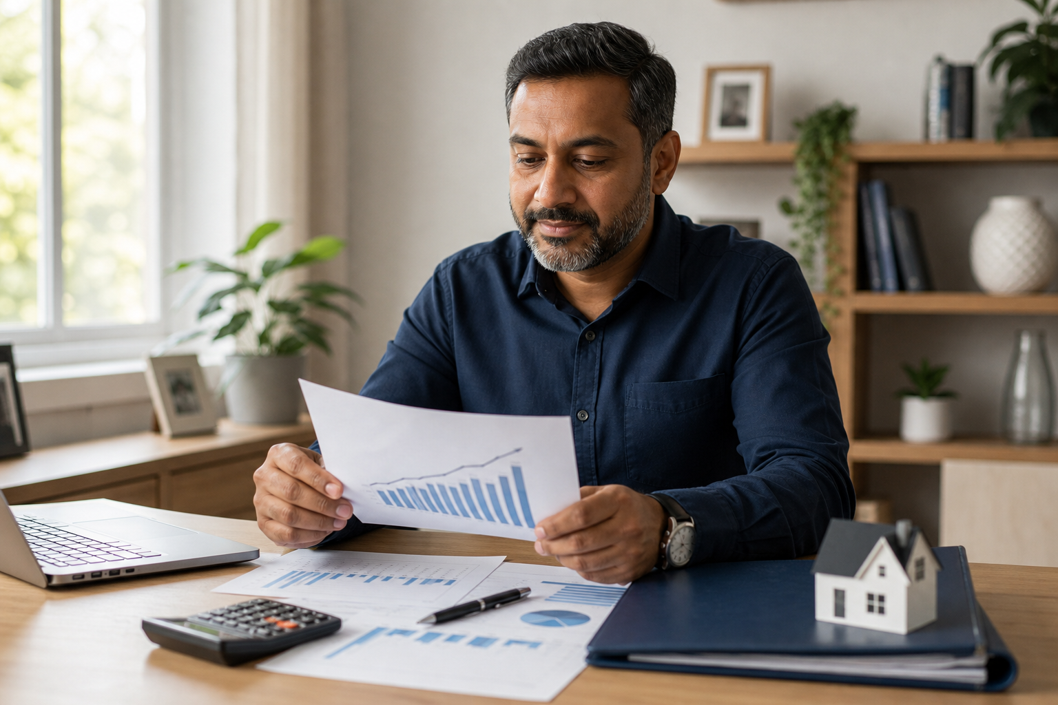 Australian mortgage broker reviewing economic charts and home loan paperwork at a desk — labour market and RBA decision context, no readable text on documents