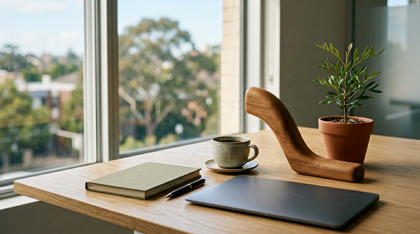 Calm Australian desk by a window with notebook, laptop and a small native plant — labour market and mortgage rate context, no visible text