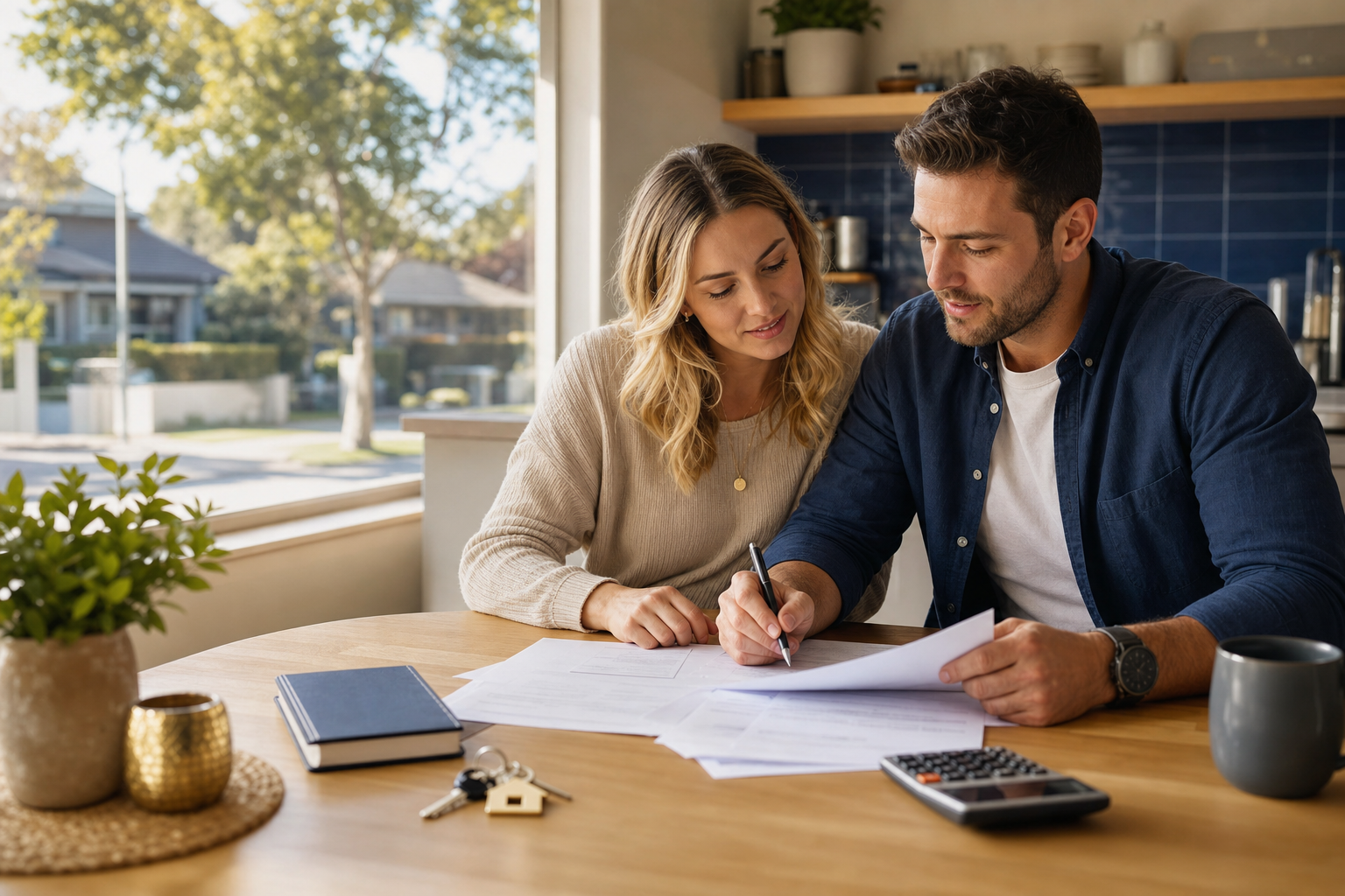 Australian first-home buyers reviewing mortgage paperwork and house keys at a kitchen table with warm morning light — 5% deposit scheme planning context, no readable text on documents