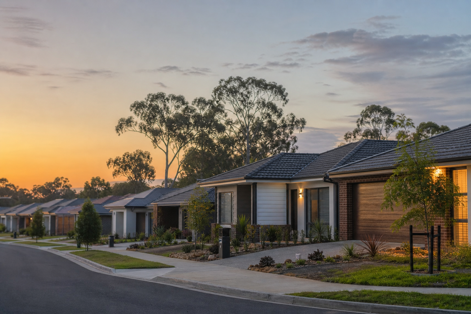 Row of Australian suburban houses at dusk — capital-city property values and home loan context after Cotality August 2026 data, no readable signage