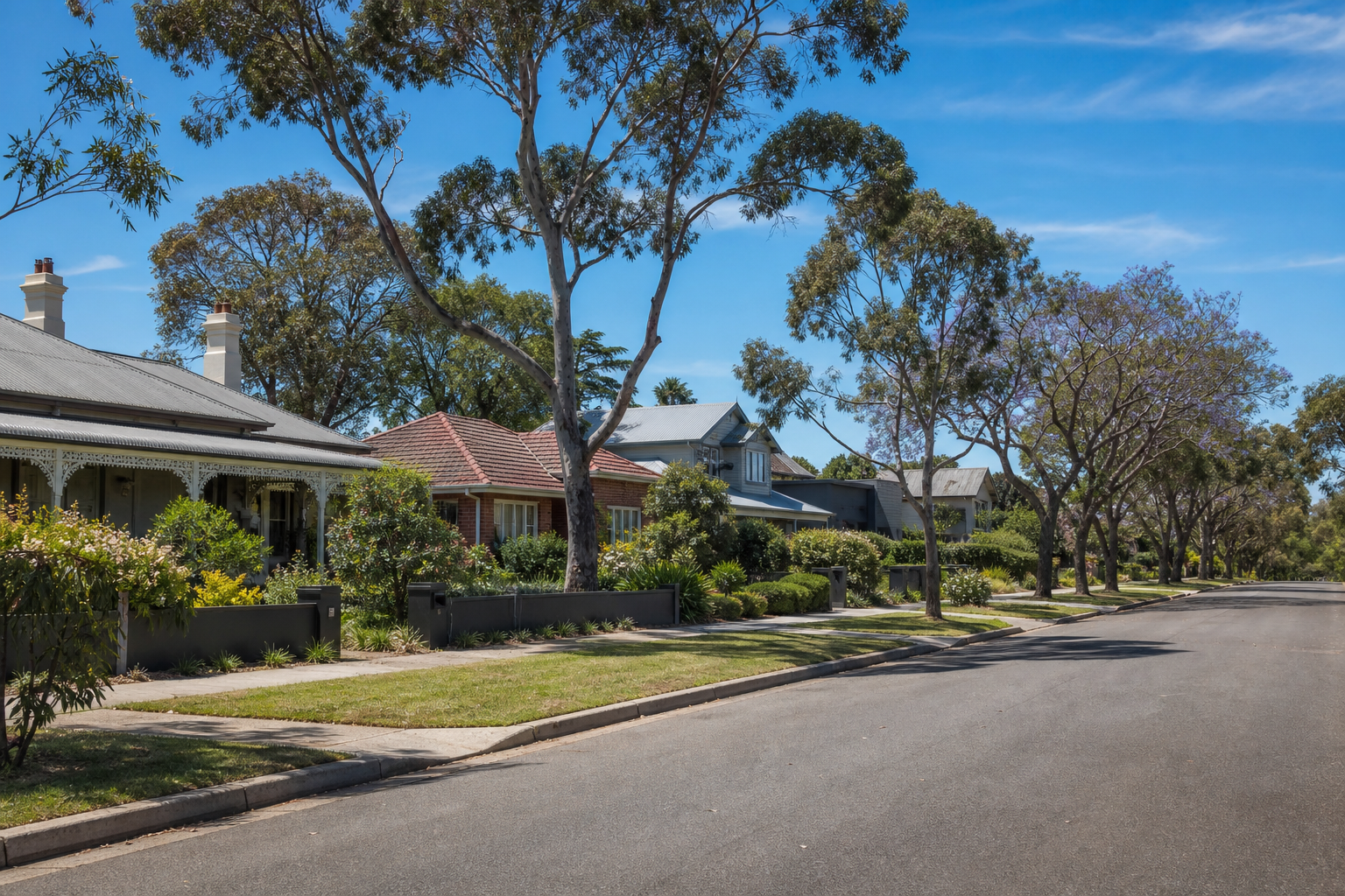 An Australian inner-suburban residential street at mid-morning — Federation cottage with deep verandah and ornate iron lace on the left, mature gum trees and a jacaranda lining the nature strip, a tidy mix of established homes stretching down the street under a bright blue Australian sky — illustrating the broad homebuyer demographic Budget 2026 most quietly benefits.