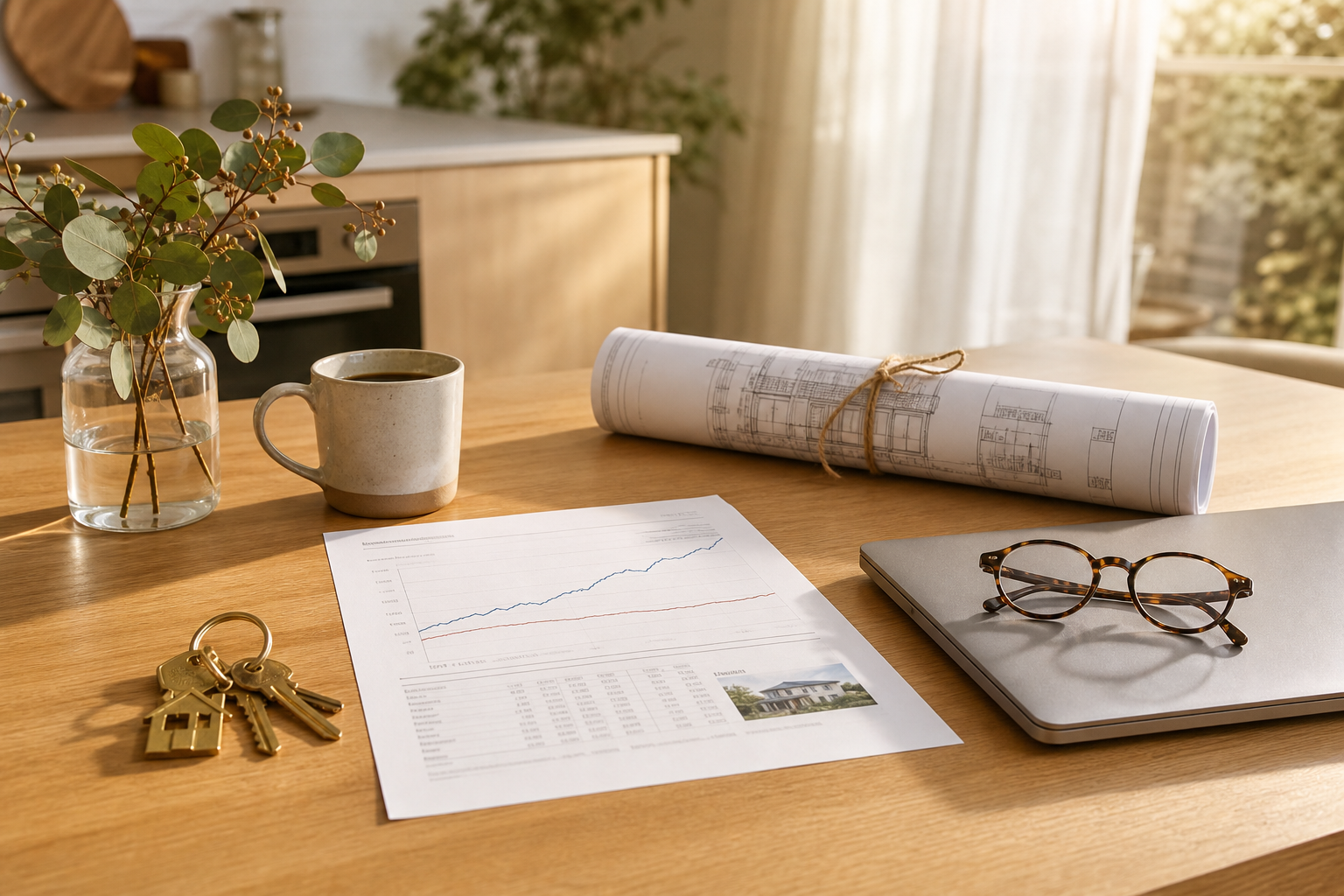 A sunlit Australian kitchen island with renovation plans, a property-value chart, brass house keys, a coffee cup and a closed laptop — illustrating how cash-out refinance and equity release work for Australian homeowners in 2026.