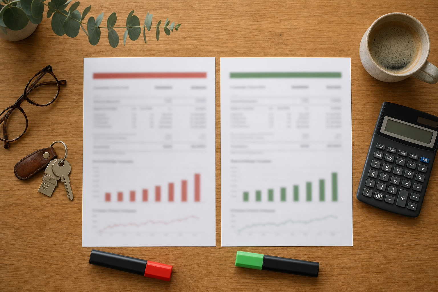 Overhead view of two blurred home loan quote sheets, calculator, highlighters, reading glasses and house keys on a timber desk — comparing interest rate versus comparison rate, no readable text