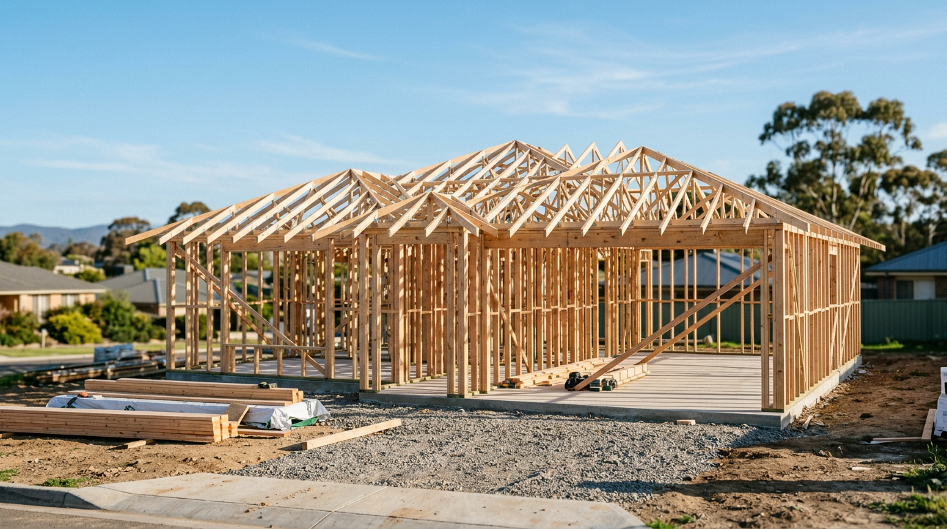 Residential timber frame construction site under blue sky — Australian owner-builder and construction lending context, no signage