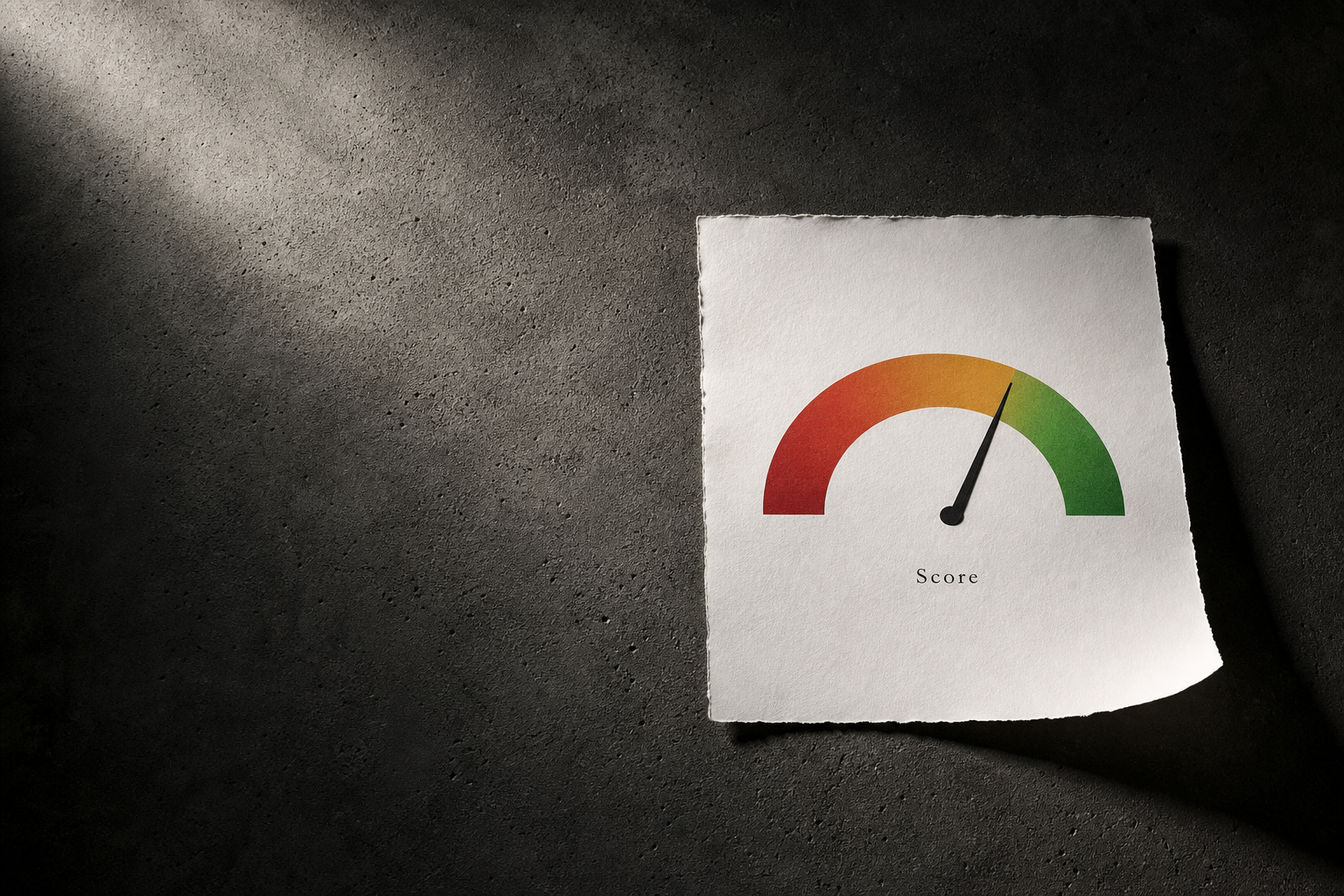 Hands holding a smartphone showing a credit-score gauge with red-to-green gradient and a needle pointing into the green band, in soft warm Australian living-room light — illustrating how Australian credit scores actually work