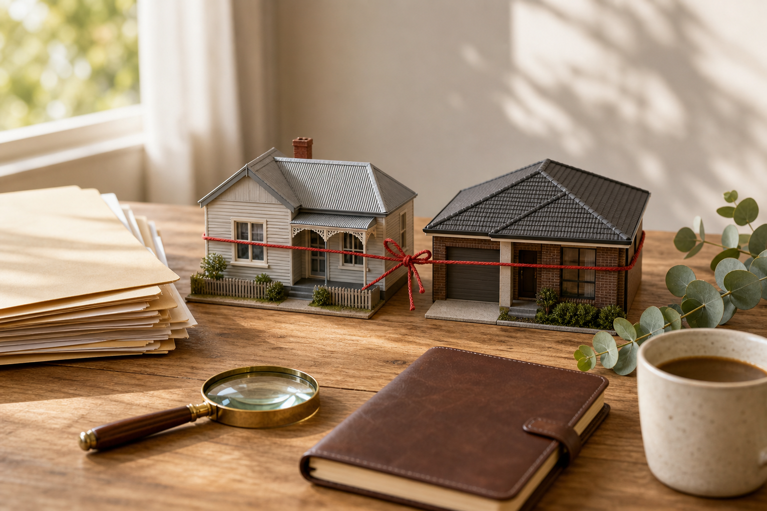 Two miniature Australian houses tied together with a single red string on a wooden desk, alongside a magnifying glass and notebook — illustrating how cross-collateralisation links two properties as security for one home loan in Australia.