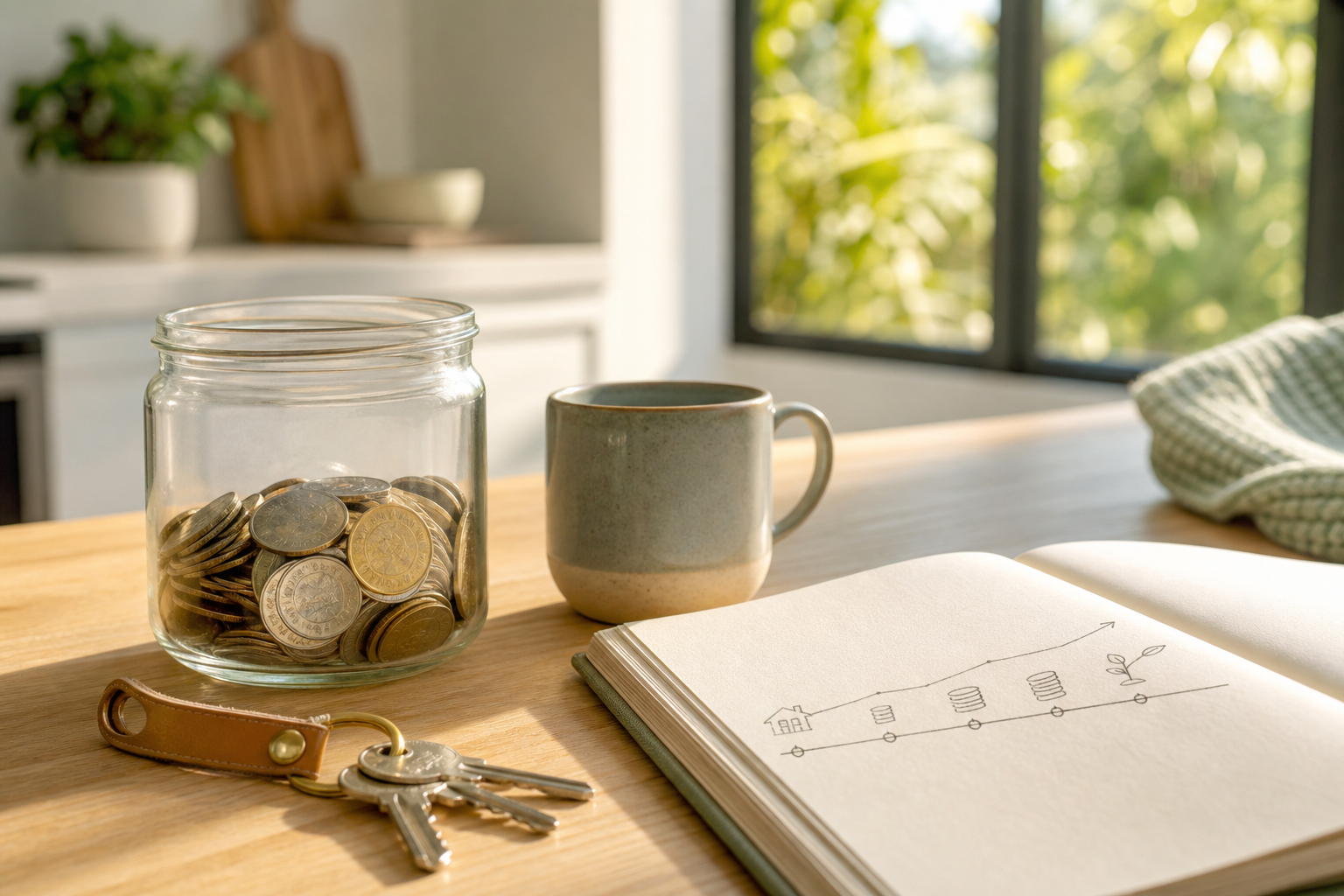 Glass jar with coins and house keys on a sunlit timber bench — saving a genuine deposit for an Australian home loan