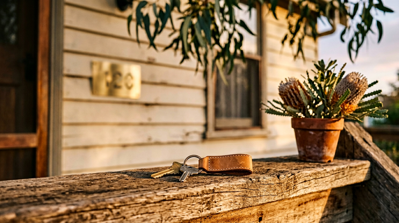 A pair of fresh house keys on a tan leather keyring resting on a sunlit timber porch step of a modest Australian weatherboard cottage at golden hour, with a softly blurred brushed-brass house number plate, an out-of-focus eucalyptus branch overhead, and a small terracotta pot of native banksia flowers — representing the federal Help to Buy shared equity scheme making home ownership achievable for low- and middle-income Australians.