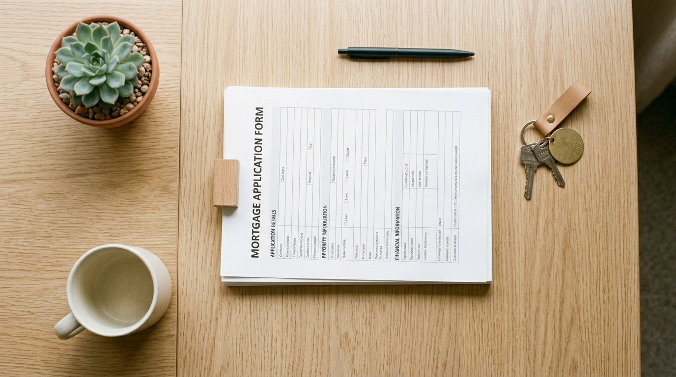 Mortgage application paperwork and keys on a desk — Australian home loan assessment context