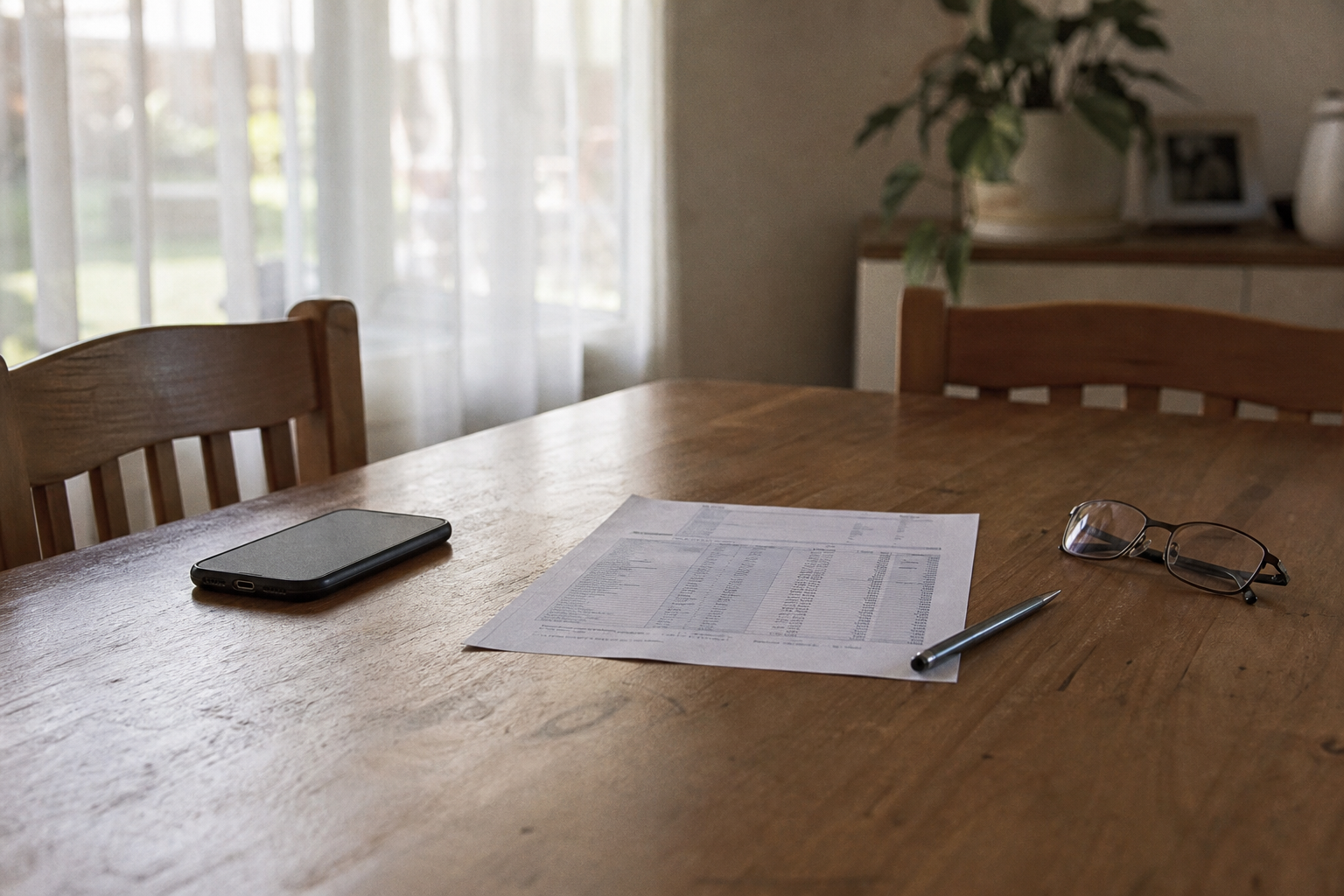 Morning light on a home dining table with paperwork, reading glasses, pen, and a smartphone — careful review of finances before responding to unsolicited loan messages