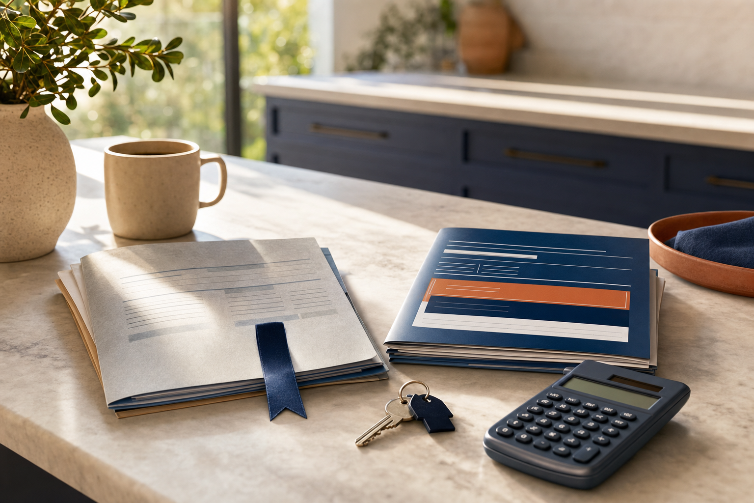 Two mortgage folders on an Australian kitchen bench beside house keys and a calculator — old higher-rate paperwork vs new lower-rate offer, no readable text