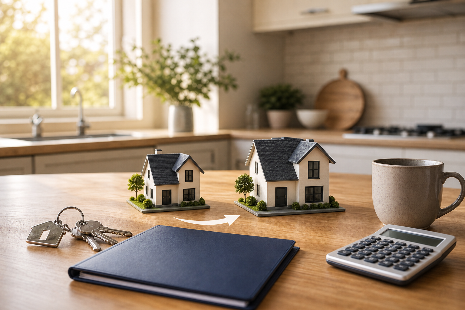 Two miniature house models on an Australian kitchen bench with house keys and a folder — home loan portability and substitution of security when moving