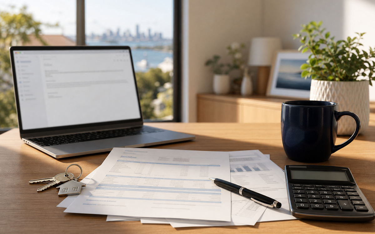 Australian homeowner at a desk drafting an email about a home loan retention discount beside a calculator and mortgage paperwork, no readable text on screen
