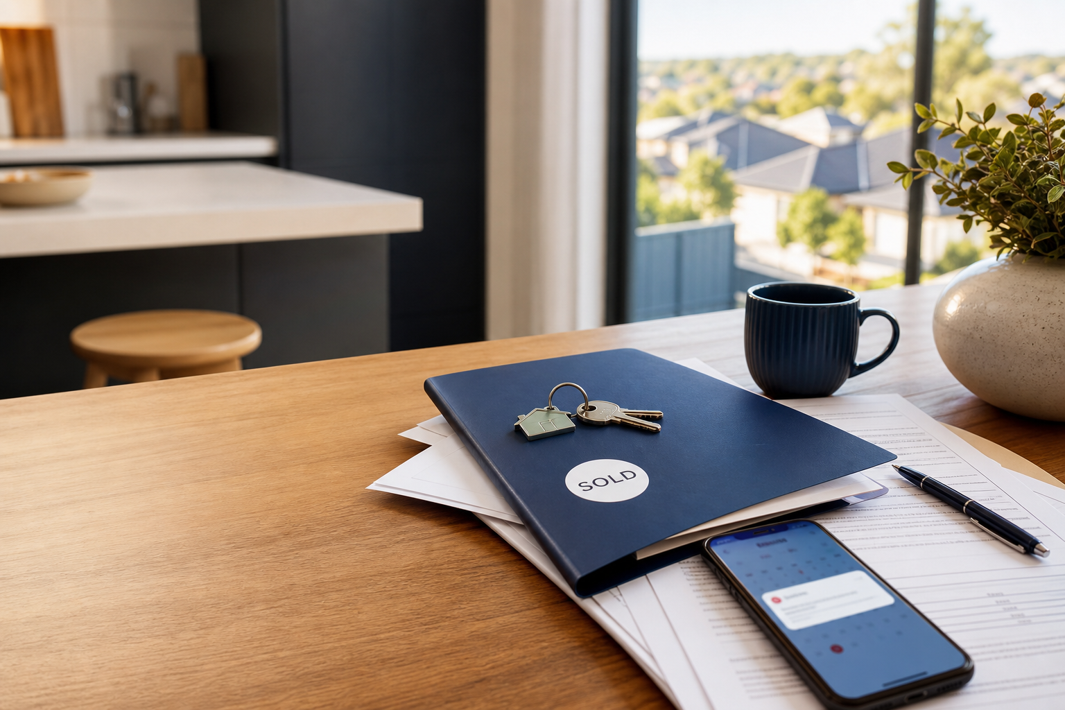 House keys and settlement paperwork on a kitchen table with warm morning light — Australian home loan settlement day context, no readable text on documents