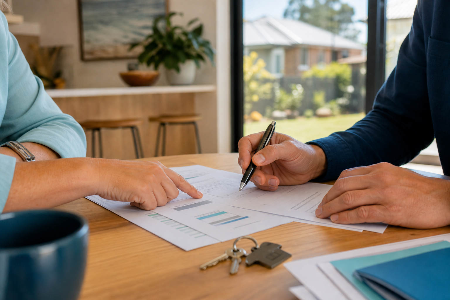Two people reviewing home loan documents together at a kitchen table with house keys — joint mortgage application context in Australia, no readable text on papers