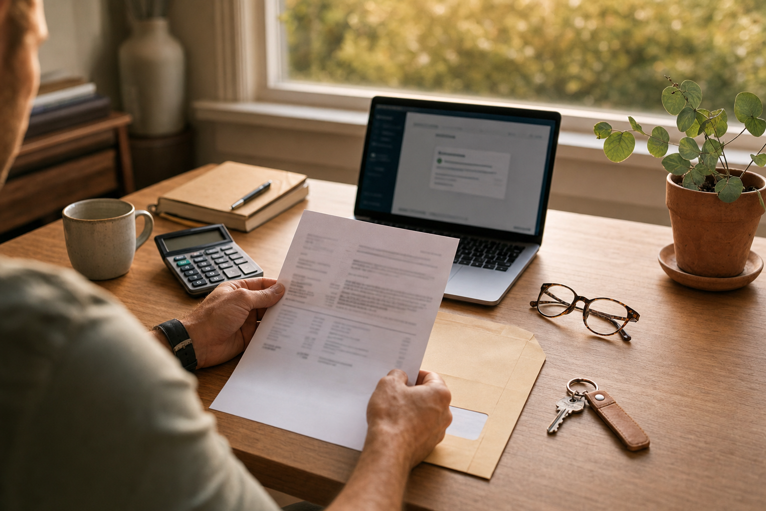 Australian homeowner at a sunlit timber desk opening a lender rate notice beside a calculator, coffee, reading glasses and house keys — no readable text on documents