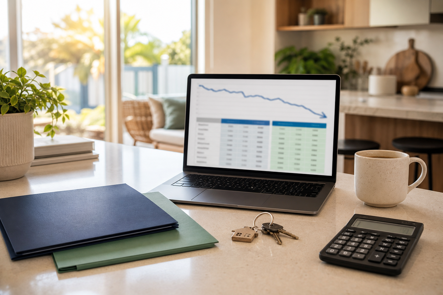 Australian kitchen bench with laptop, calculator and house keys — lender rate war and variable home loan refinance context July 2026, no readable text