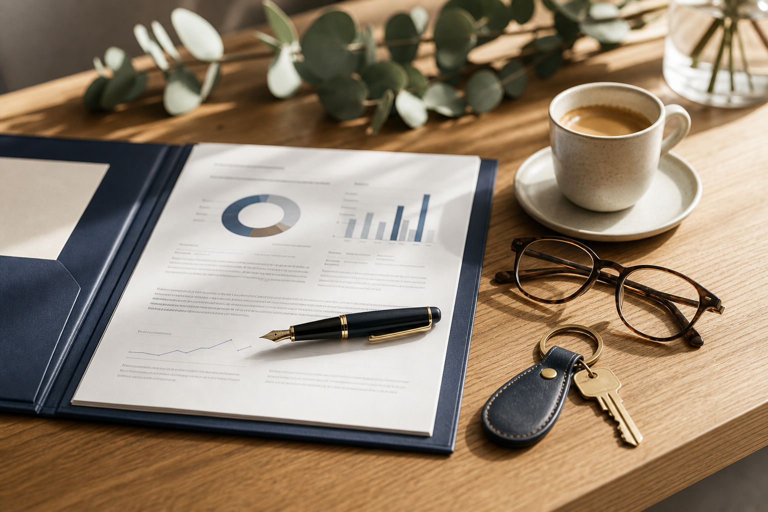 Timber desk with papers, pen, reading glasses and house keys — mortgage broker fees and transparency context in Australia