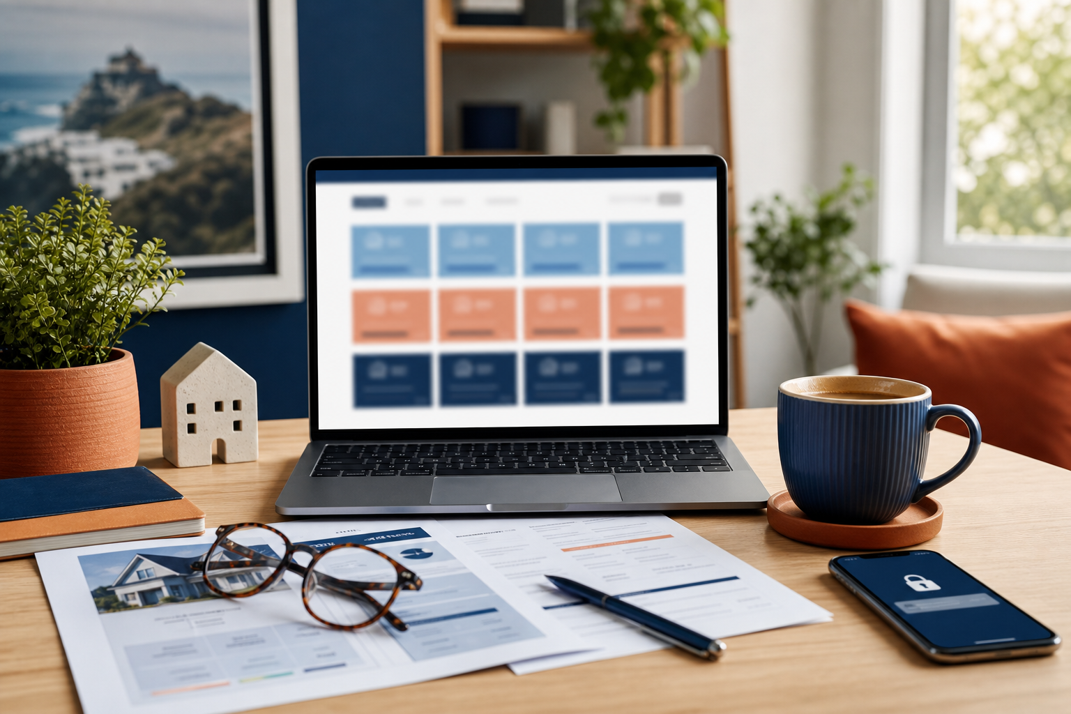 Australian home office desk with laptop showing blurred rate comparison tiles, loan paperwork, reading glasses and coffee — evaluating online mortgage offers, no readable text
