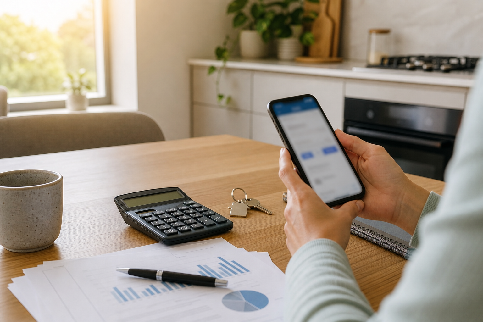 Australian homeowner reviewing mortgage charts and calculator at a kitchen table — lending data and refinance planning, no readable text on documents