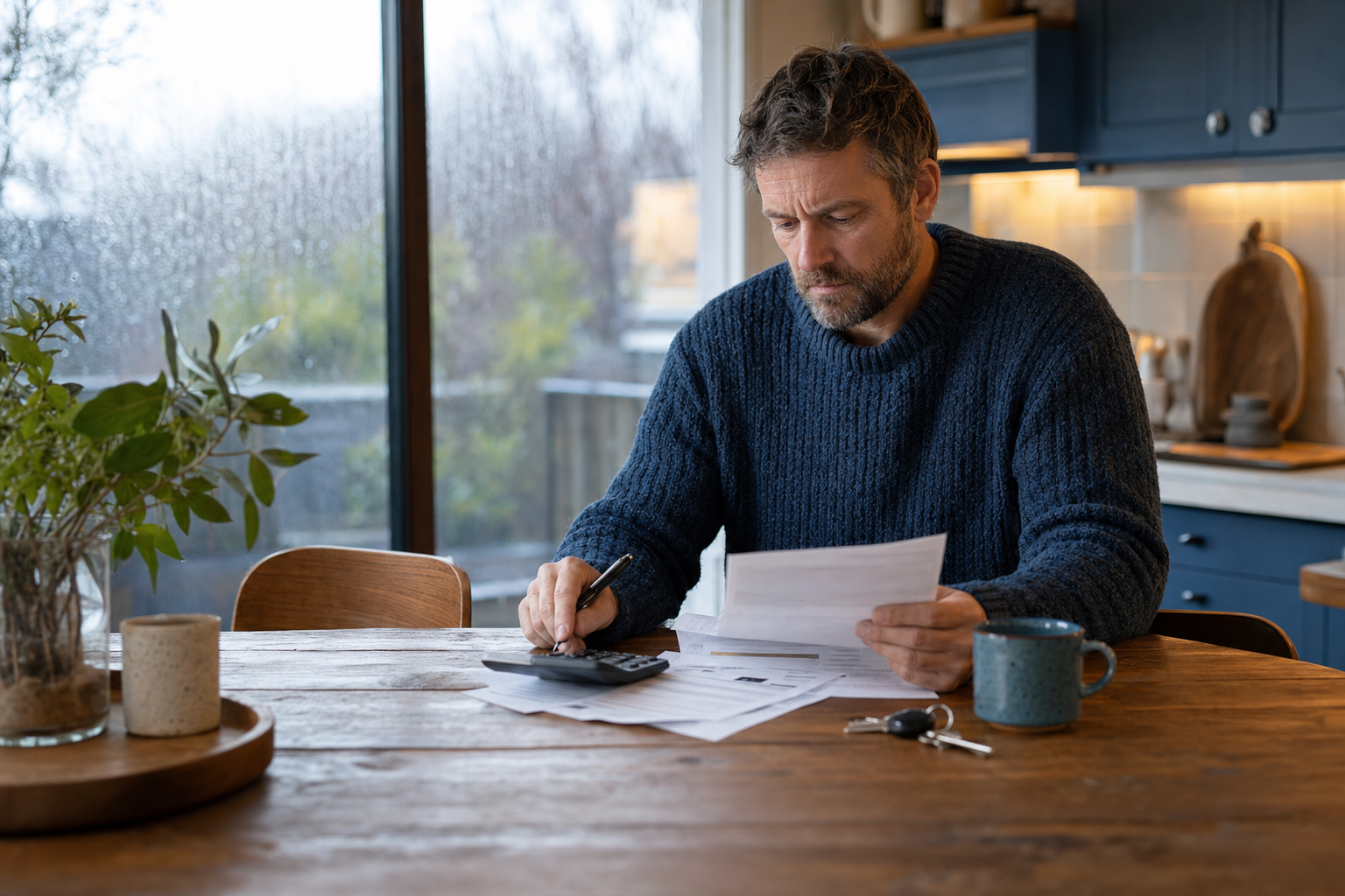 Australian homeowner at a kitchen table reviewing loan statements beside a window with house keys and a calculator — mortgage prisoner refinance context, no readable text
