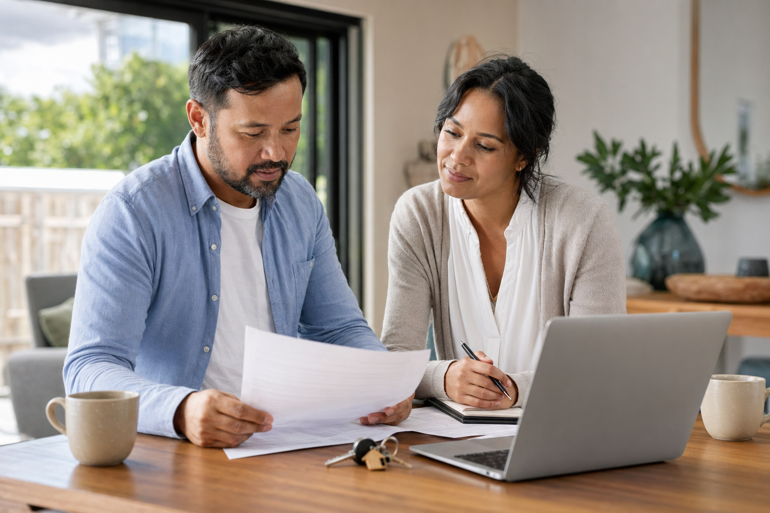 Couple at home reviewing documents and a laptop while planning a mortgage — Australian home loan serviceability and borrowing power