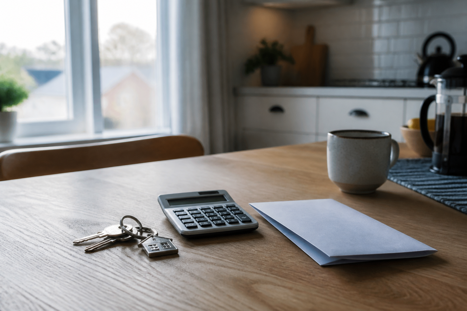 Quiet Australian kitchen table with house keys and a calculator — reviewing home loan repayments before the September 2026 RBA decision, no readable text