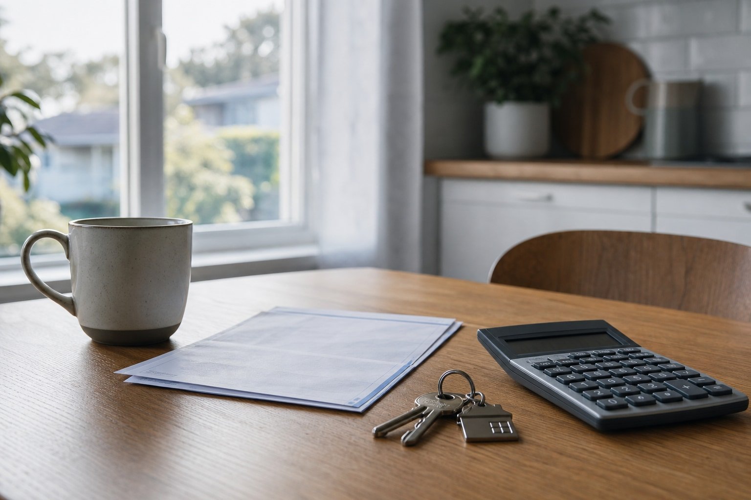 Quiet Australian kitchen table with house keys, a calculator and a face-down bank statement in cool morning light — mortgage stress review context, no readable text