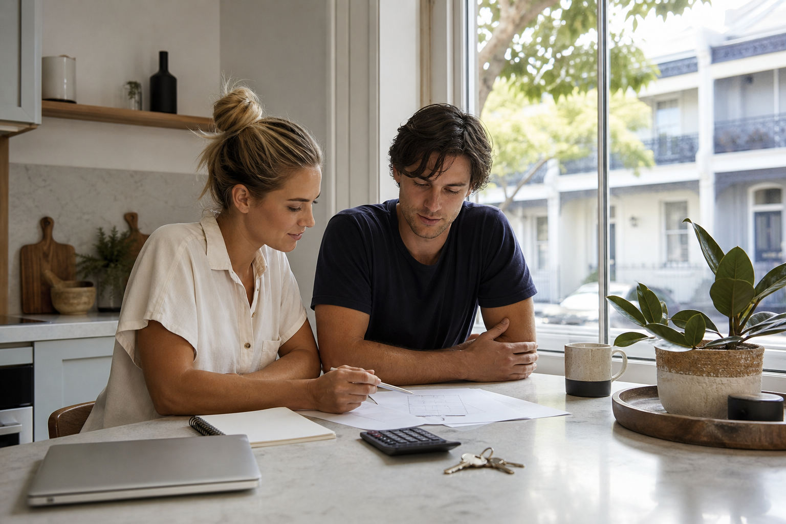 Young Australian couple at a kitchen table calmly reviewing first home finances with calculator, keys and notebook — no readable text on documents