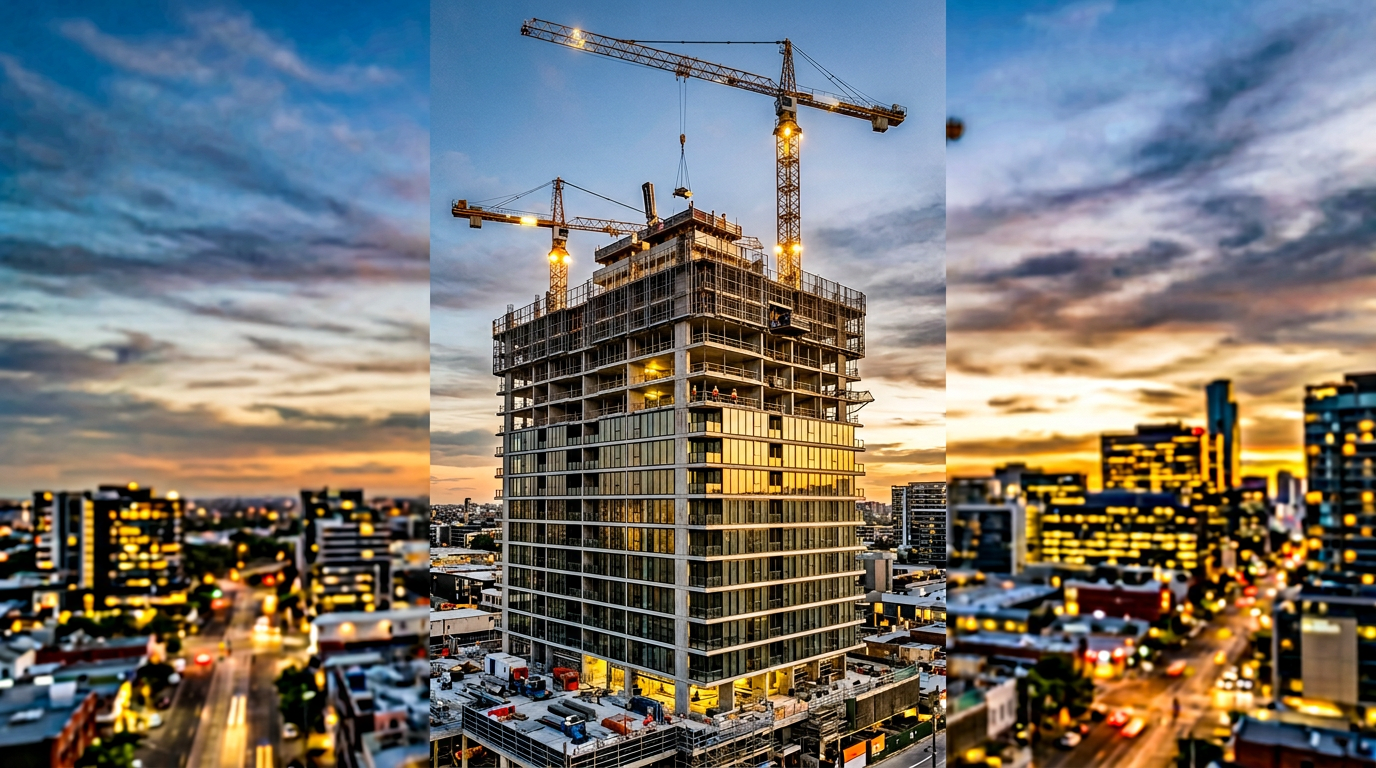 High-rise residential construction and cranes — off-the-plan property settlement and lending context in Australia