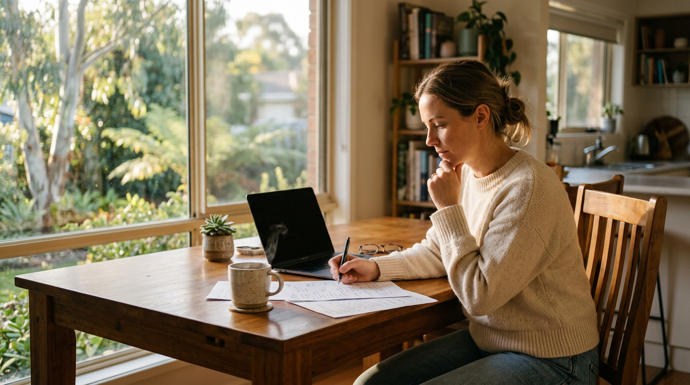 Person reviewing home loan papers and laptop at a kitchen table in soft morning light — Australian mortgage planning context, no visible text