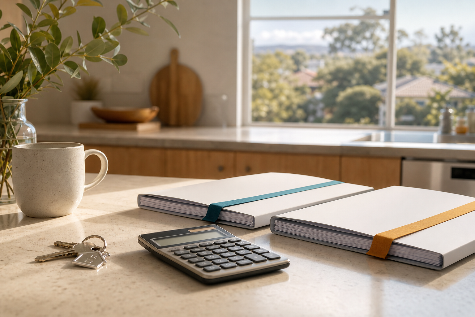 Australian borrower reviewing refinance fee checklist beside house keys and statements — switching costs concept, no readable text