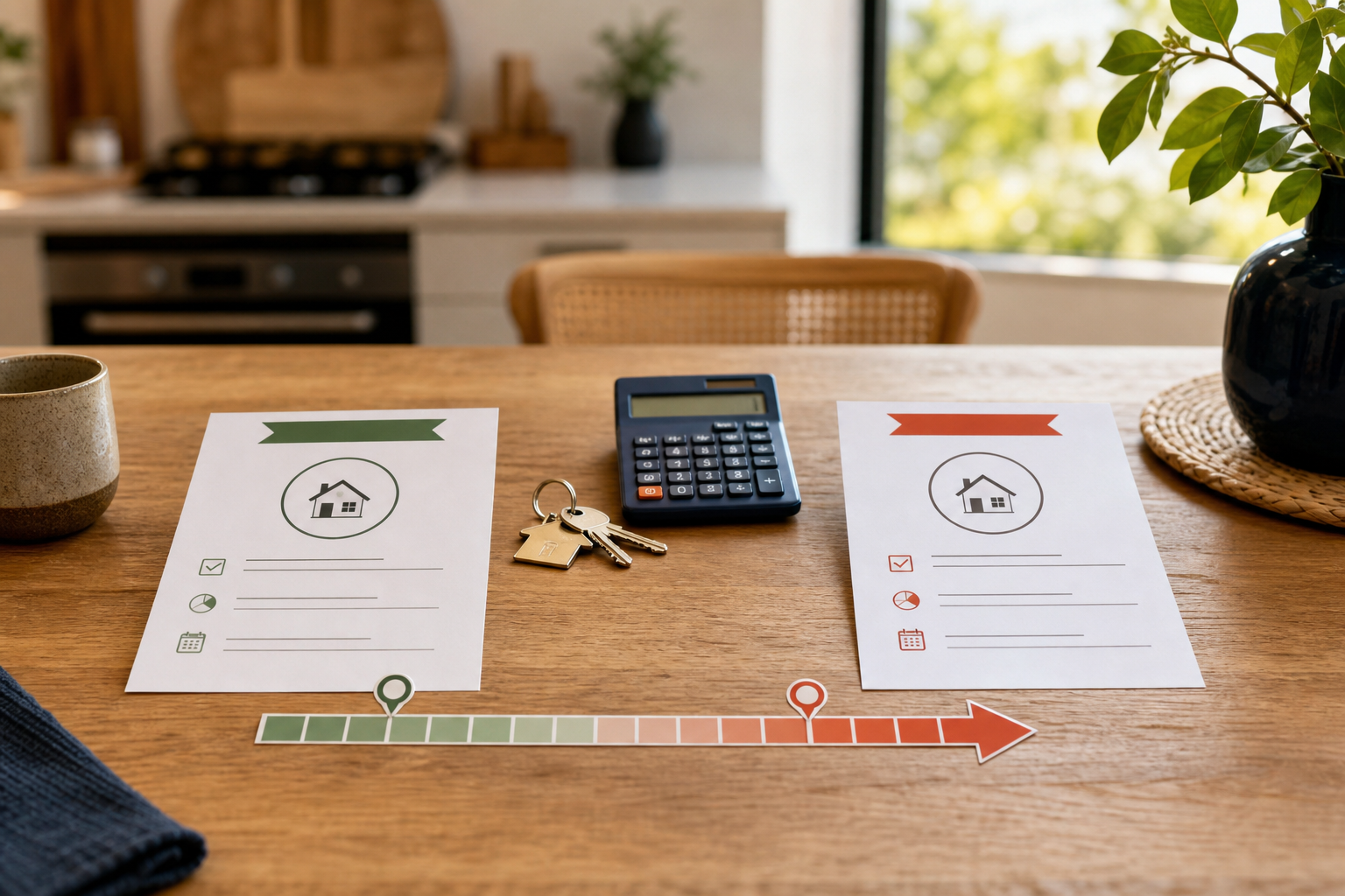 Australian kitchen table with green and red accent comparison cards beside house keys and calculator — 25-year vs 30-year refinance term trap concept, no readable text