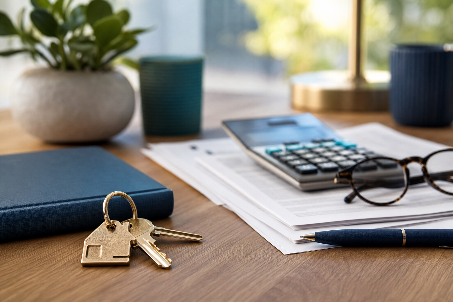 Desk with house keys, calculator, and papers — Australian homeowner reviewing refinance options, no visible text