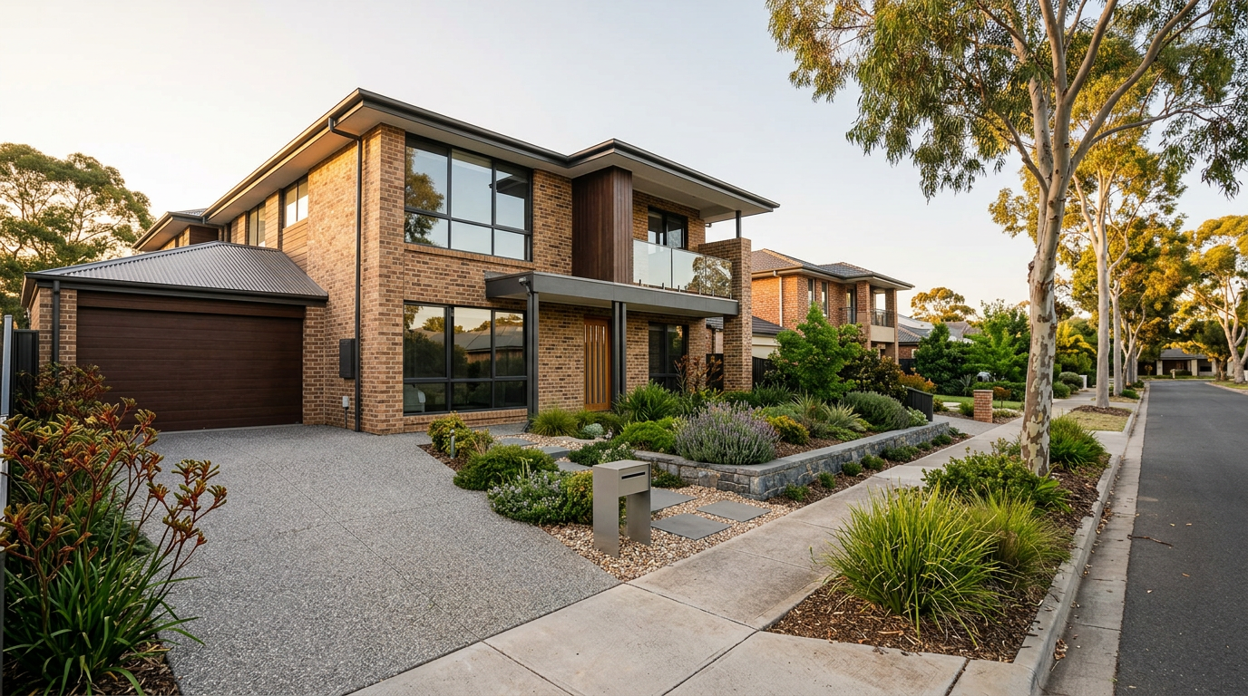 Modern new home streetscape in South Australia — stamp duty and transfer duty context, no signage