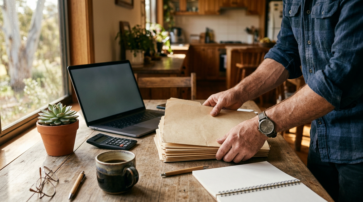 Self-employed Australian business owner organising manila folders and a notebook at a sunlit home kitchen desk — home loan document preparation context, no visible text