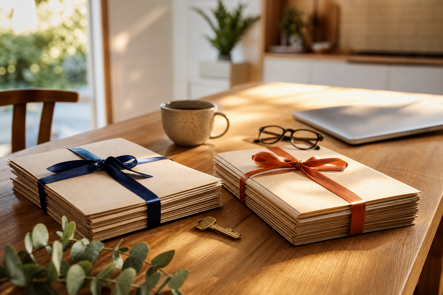 Australian kitchen table with two folder stacks tied in navy and terracotta ribbons beside house keys, calculator and coffee — fixed vs variable home loan choice, no readable text