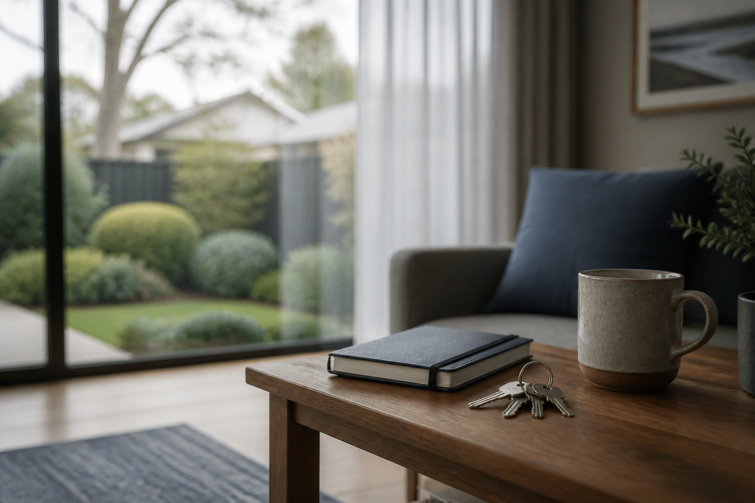 Quiet Australian living-room side table with house keys and coffee in cool winter morning light — mortgage review after soft CPI, no readable text