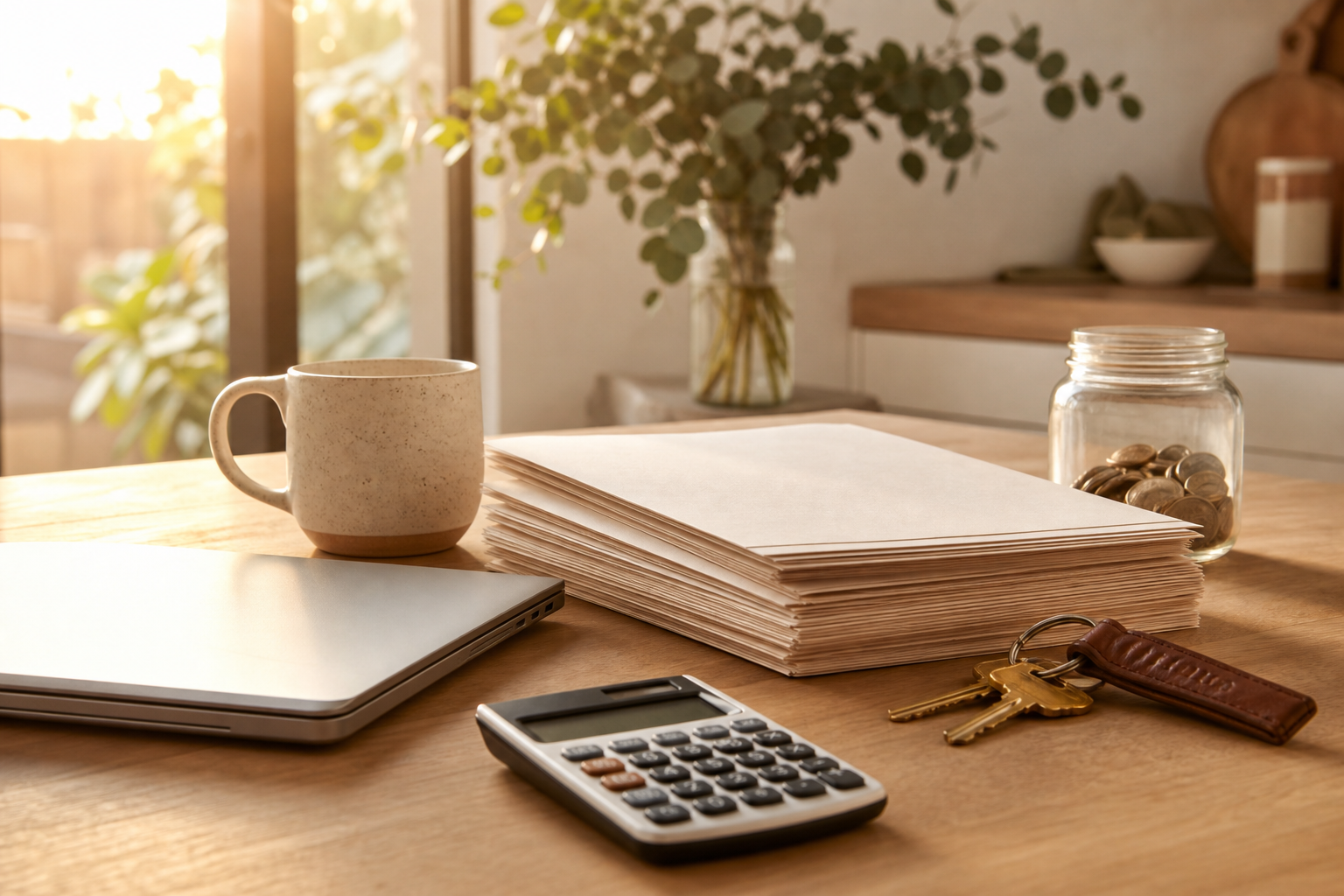 Australian kitchen bench at golden hour with tax documents, house keys, calculator and coffee — deciding whether to put an EOFY tax refund on the mortgage, no readable text