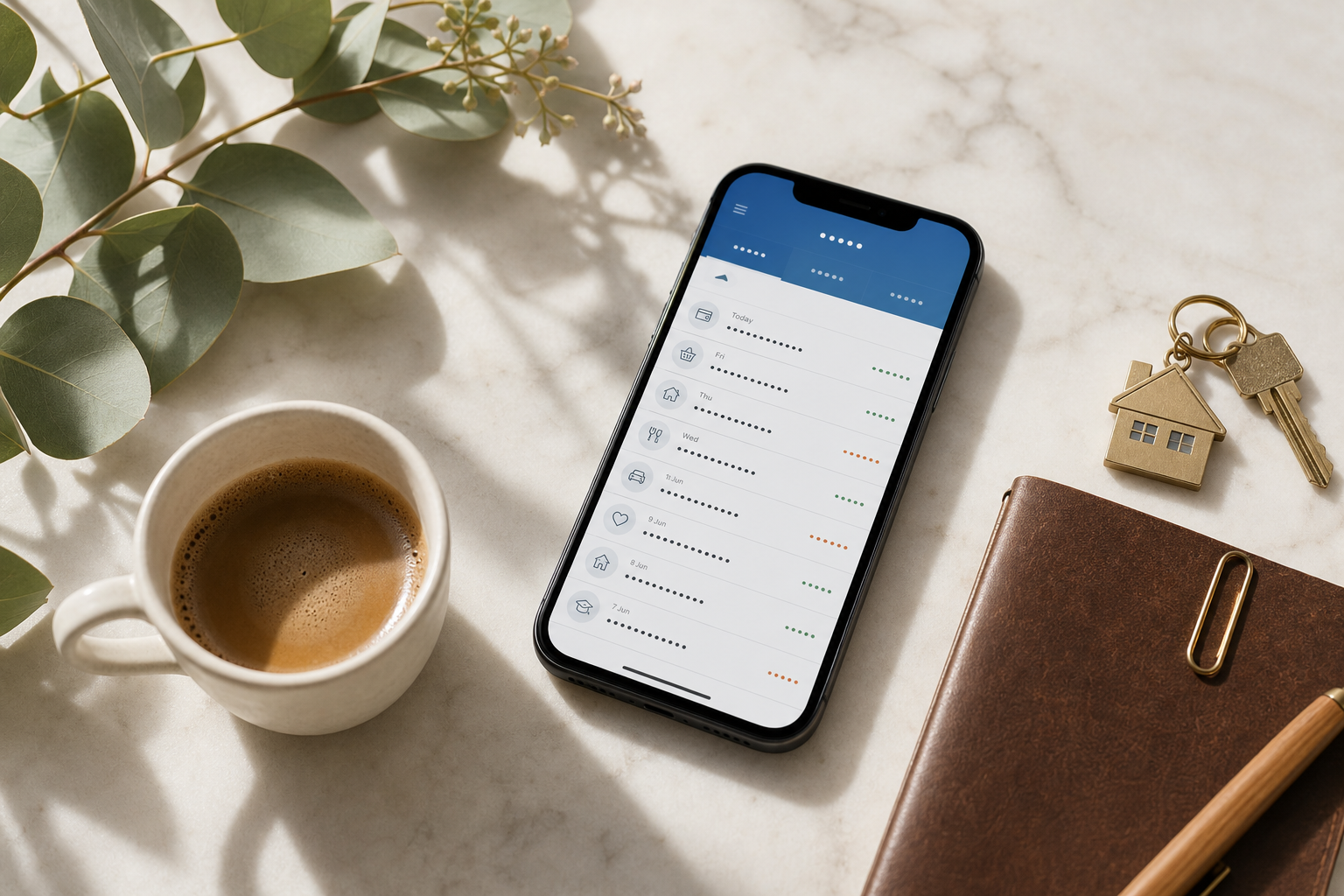 Overhead flat-lay of a smartphone showing a banking app on a marble bench, alongside a coffee cup, eucalyptus sprig, a leather notebook and a small house keychain — what Australian lenders see in your bank statements before a home loan