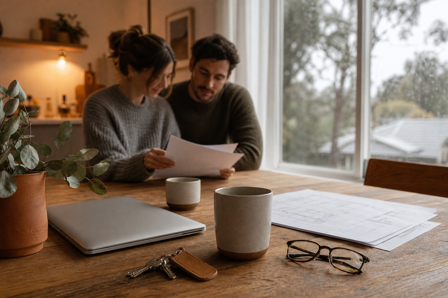 Young Australian couple reviewing floor plans at a warm kitchen table on a rainy winter morning — house keys, coffee, and laptop beside native eucalyptus, no readable text on documents