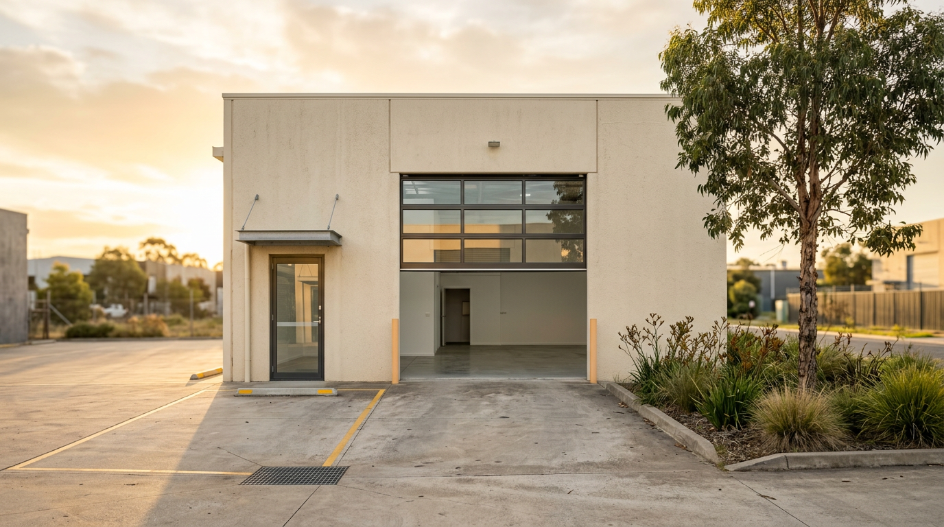 A modest single-storey light-industrial commercial unit in an Australian suburban estate at golden hour, with a concrete tilt-panel facade, glass roller door, eucalyptus tree at the side, and warm late-afternoon light — supporting illustration for SMSF commercial property lending and business real property purchases.